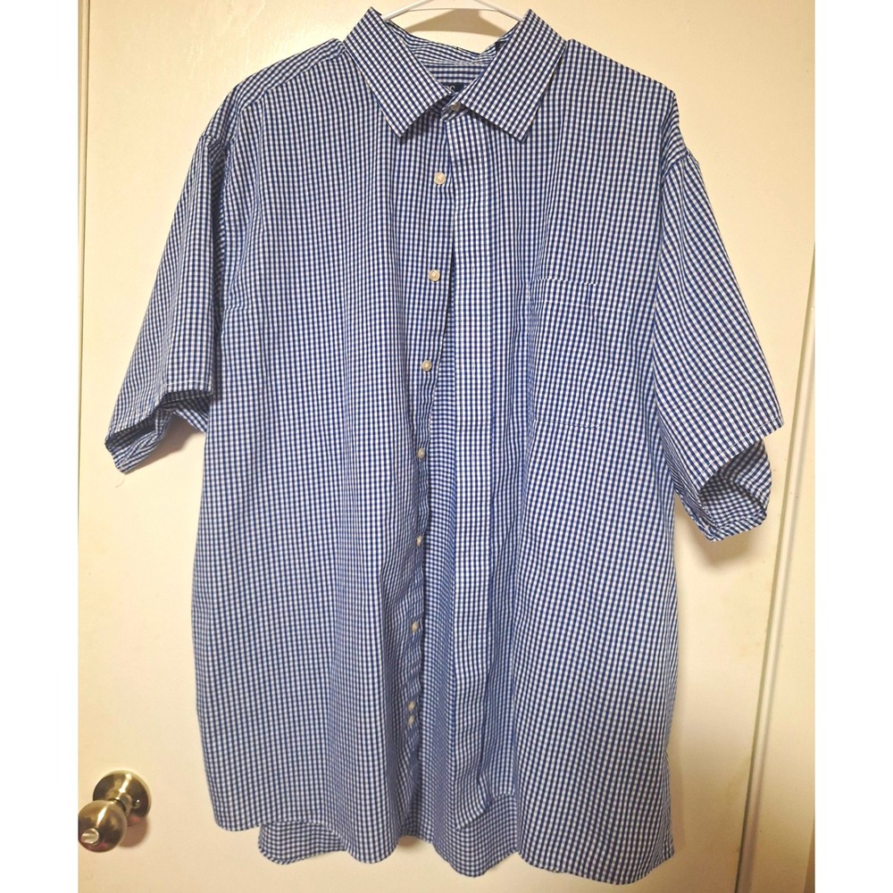 Chaps Men 2XL Short Sleeve Button Down Shirt Blue White Gingham Check Regular